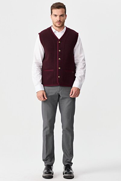Desen Triko Men's V-Neck Pique Woven Wool Vest with Felt Accessories Claret Red
