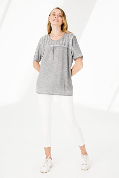 Desen Triko Γυναικεία μπλούζα με κοντό μανίκι ζακάρ ύφασμα χτενισμένο βαμβακερό γκρι