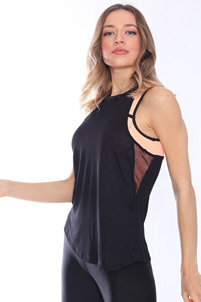 PodiumStar Kadın Siyah Yanları Tül Detaylı Spor Atlet