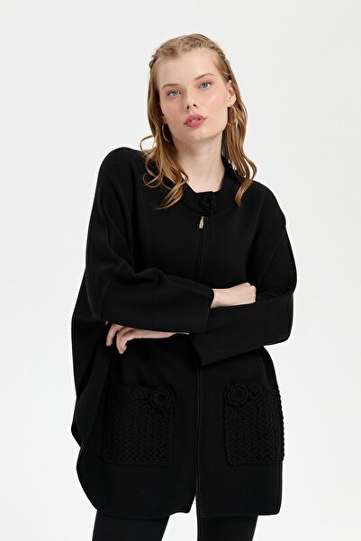 Desen Triko Black Short Poncho - Stand Collar and Rose Embroidered Zippered Women's Poncho