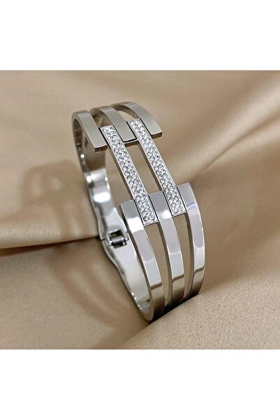 SONES Gümüş Rengi 316 L Çelik Zirkon Taşlı Kaburga Model Kelepçe Bileklik | Sns103836