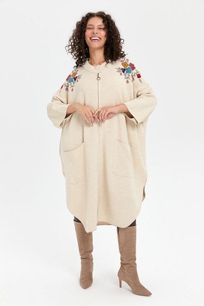 Desen Triko Women's Stand Collar and Shoulder Embroidered Poncho - Zippered, T. Melange