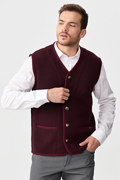 Desen Triko Men's V-Neck Pique Woven Wool Vest with Felt Accessories Claret Red