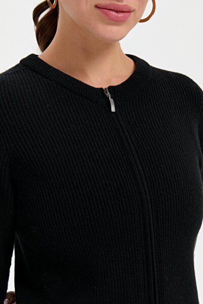 Desen Triko Women's Black Wool Cardigan - Zero Collar, Seamless and Zip-up