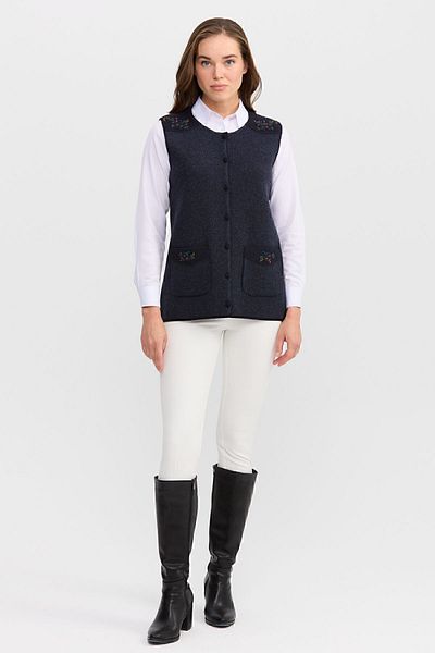Desen Triko Women's Crew Neck Shoulder Pocket Cover Felt Embroidered Buttoned Vest Dark Blue