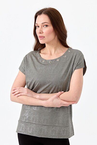 Desen Triko Γυναικείο γυαλιστερό χτενισμένο βαμβακερό μπλουζάκι Χακί με αξεσουάρ γιακά