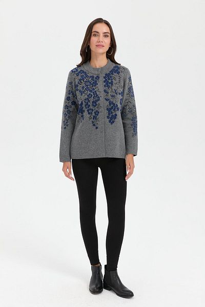 Desen Triko Smoke Colored Women's Woolen Jacket - Stand Collar and Puppy Flower Pattern