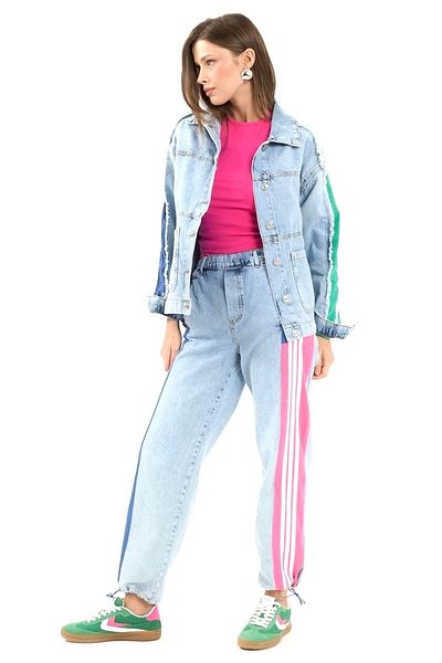 Calisa Set de blugi și blugi pentru femei cu detaliu de dungi colorate - Jogger și Waggy din denim