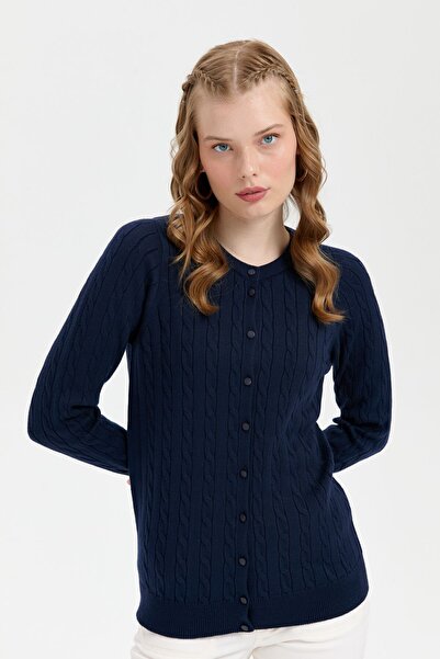 Desen Triko Γυναικεία ζακέτα K.Navy Blue - Λαιμόκοψη, Χωρίς ραφές, Πλεκτά μαλλιά