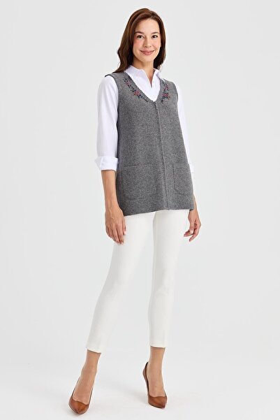 Desen Triko Women's V-Neck Lace Embroidered Wool Vest Smoked