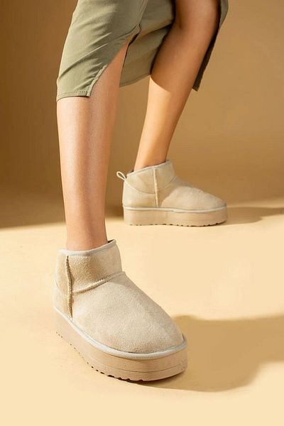 Victoria Shoes Μπεζ Suede Ultra Mini Boots - Γυναικεία Παπούτσια με Μαλλιά Εσωτερικά
