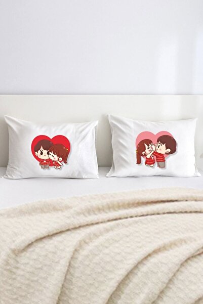 Hediyenza Cute Cuplu - Feta De Perna Decorativa Dubla 50x70 Cm - Alb