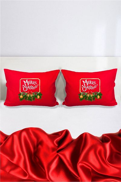 Hediyenza Mery Christmas Gift New Year's Gift Double Decorative Pillow Case 50x70 Cm - Red