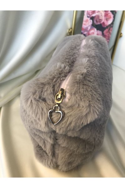 MELSEA Plush Makeup and Care Bag Gray Plush Pink Satin