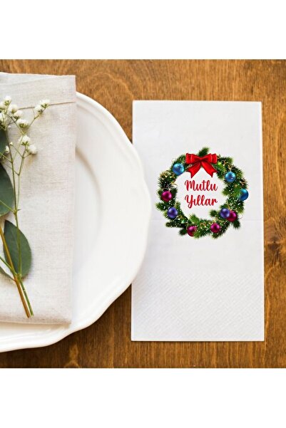 Hediyenza Happy New Year Wreath New Year Print New Year's Table Napkin Presen...