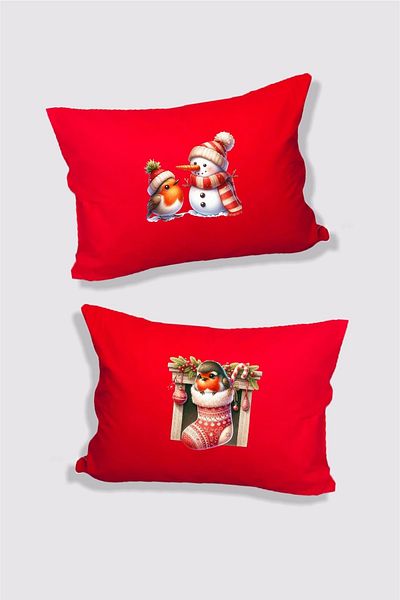 Hediyenza New Year Snowman and Bird Themed Double Decorative Pillow Case 50x70 Cm - Red