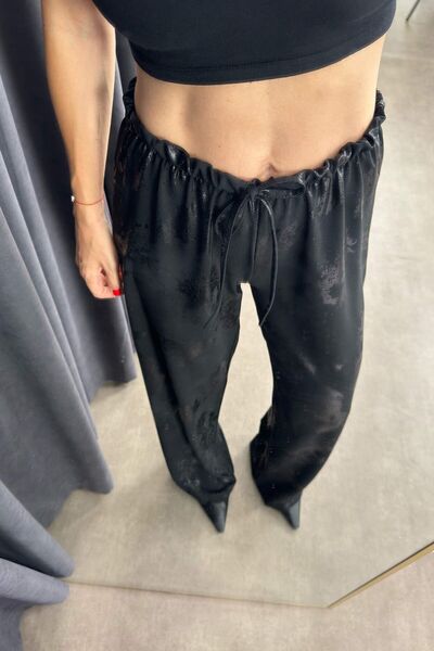 Sue Store Pantaloni negri cu imprimeu cu talie elastică