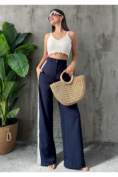 EVAN EVA Women's Navy Blue Side Striped Wide Leg Palazzo Trousers