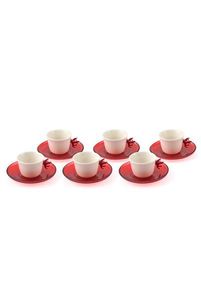 Cemile Set of 6 Coffee Cups and Saucers with Coral Handle