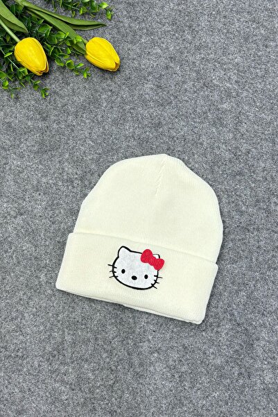 MYADA Hello Kity Біла гладка трикотажна дитяча шапка - з аксесуарами