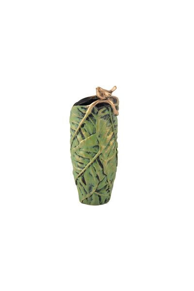 Cemile Green Leaf Patterned Ceramic Large Vase - with Bird, 31 cm