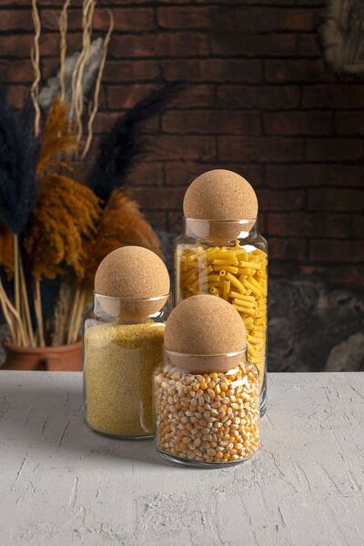 Karçiçeği Home 3-Piece Cork Lid - Glass Jar and Spice Jar Set