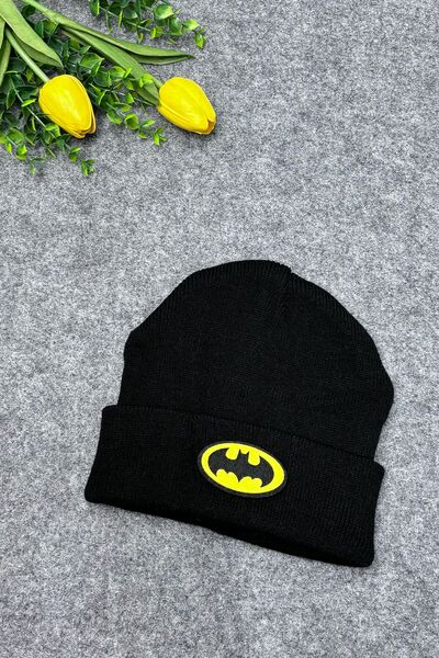 MYADA Căciulă pentru copii din tricotaj negru simplu cu accesorii Batman