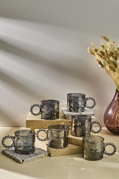 Perotti Ringo Stone Smoked 6-Piece Bead Handle 100ml Glass Cup Espresso and Turkish Coffee Cup