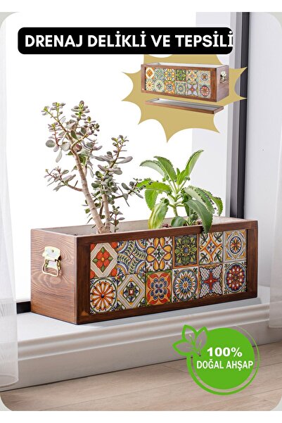 El Yapımı 6x2 Çinili Dekoratif Modern Ahşap Dikdörtgen Bahçe Balkon Saksı Saksılık Çiçeklik
