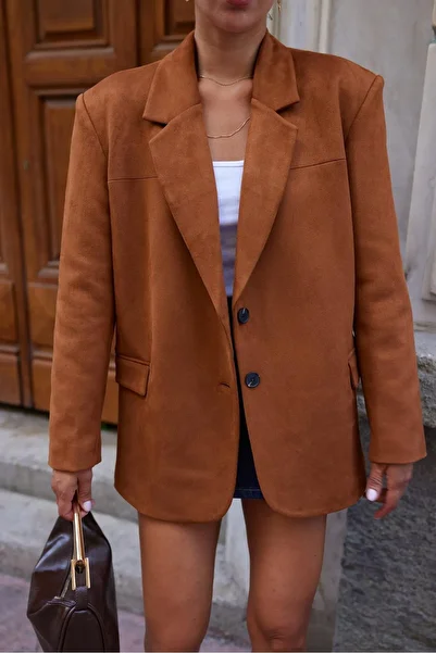 Askı Nişantaşı Nubuck Suede Premium Oversize Jacket - Tan 2 Buttons and Lined