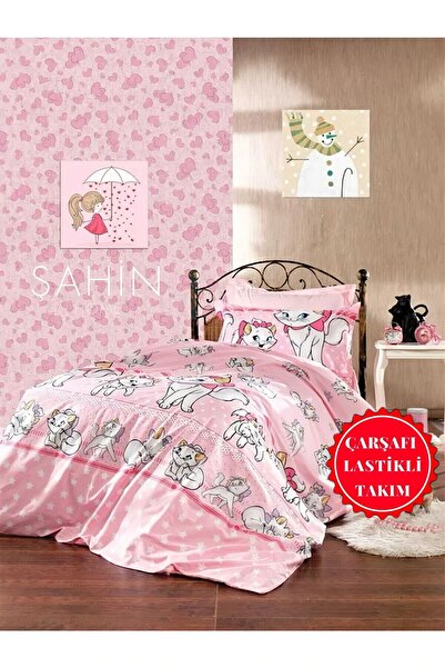 Şahinhome Kız Çocuk Kedi Modelli Tek Kişilik Lastikli Çarşaflı Nevresim Takımı