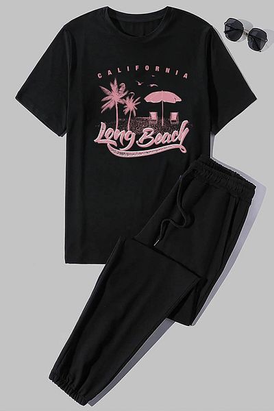 uyguntarz Zweiteiliges Unisex-Trainingsanzugset mit Long Beach-Aufdruck