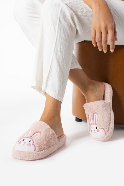 ALMİNA Rabbit Embroidered Plush Fluffy Women's Home Slippers - Silent Sole Dowry Slippers