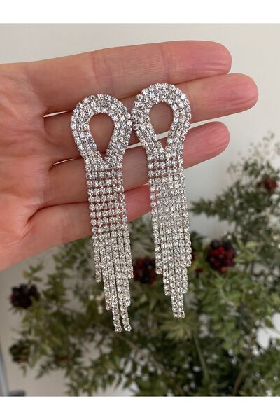 ACCESSORIES WORLD Kadın Taşlı Sallantılı Uzun Su Yolu Gümüş Renk Abiye Küpe