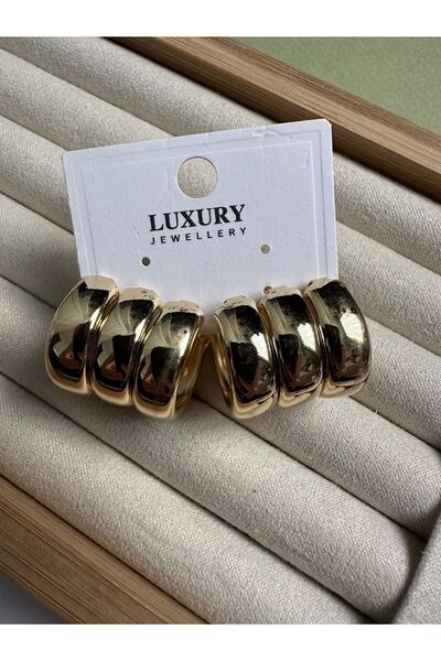 ringbox Kadın 3 Sıra Gold Renk Bombeli Küpe