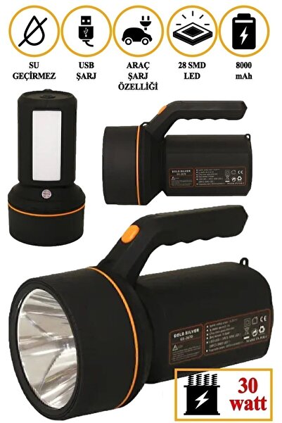 GoldSilver Gold Silver Şarj Edilebilir Ve Taşınabilir Fener 2670 El Feneri Su Geçirmez 30 Waat