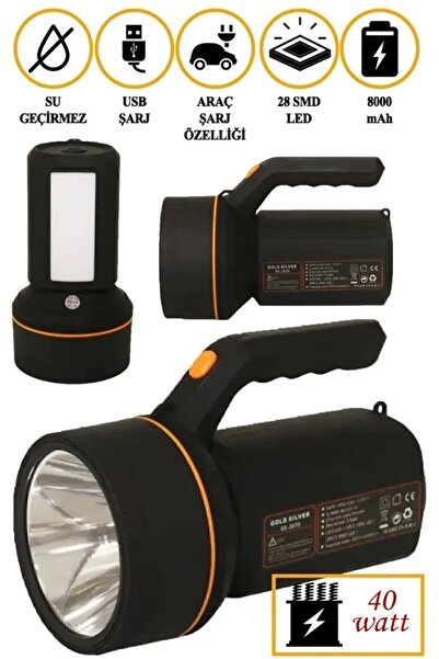 GoldSilver Gold Silver Şarj Edilebilir Ve Taşınabilir Fener 2670 El Feneri Su Geçirmez 30 Waat