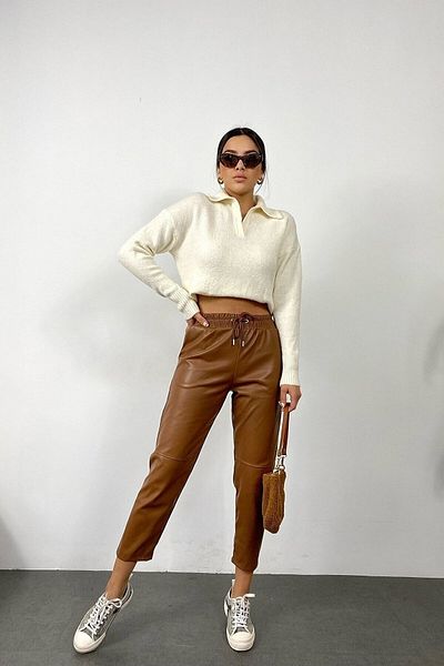 LOS FECHKA Tan Colored Lace-Up Waist Leather Trousers