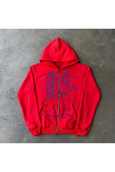 MAYDAY CULTURE Red Unisex Hooded Zippered Jacket - Regular Straight Cut