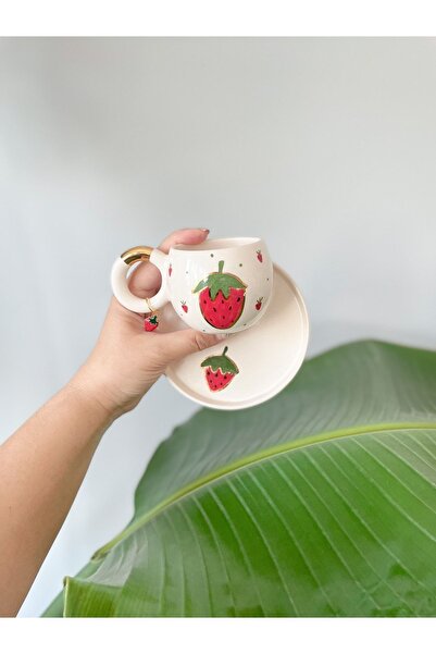 Mugtasarım 24k Altın Yaldızlı Çilekli Double Türk Kahvesi Fincanı Mug