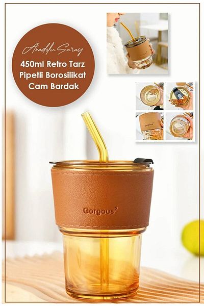 Keyfi Sepet 450ml Heat Resistant Borosilicate Glass with Straw and Leather Stripe Detail |   Coffee Presentation Cup - 1 Piece