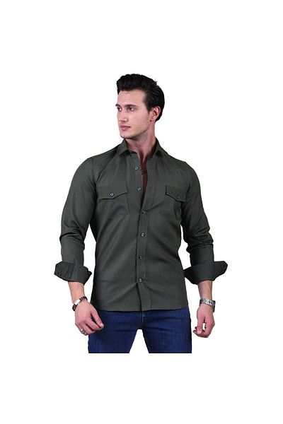 Exve Exclusive Emerald Green Flared Woven Solid Color Slim Fit Western Shirt with Double Pocket Flaps