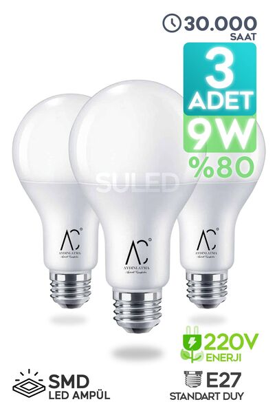 SULED Led Ampül 3 Adet 9w Smd Süper Parlak Led Beyaz Işık 6500k Tasarruflu Lamba