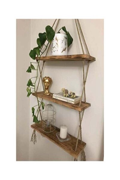 retroelektrik رف كتب خشبي بتصميم زخرفي مميز مع 3 حبال (جاهز للتركيب 40 سم × 14 سم)