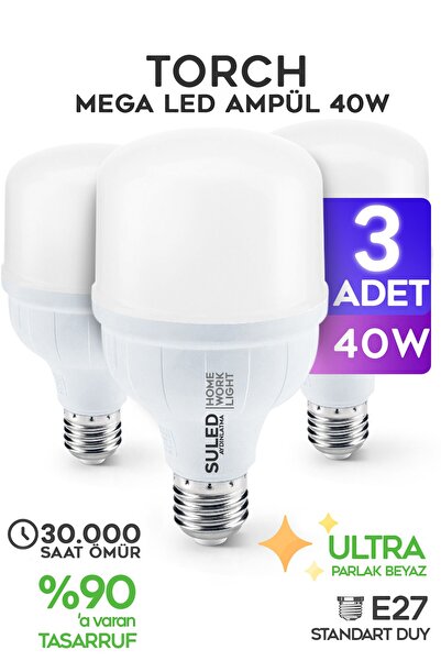 SULED 40w Torch Büyük Ampül 3 Adet Mega Led Işık Tasarruflu Ultra Parlak 6500k Beyaz Işık Büyük Ampül E27