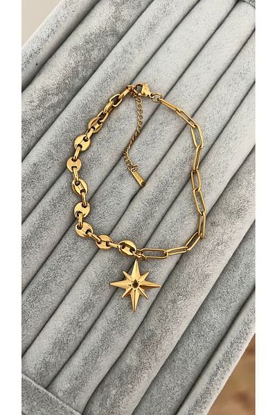 SU PERİSİ TAKI BİJUTERİ Steel Gold Button and North Star Detailed Anklet