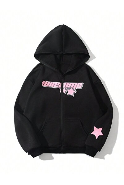 coolart Winsome Star Μαύρη Ζακέτα με Στάμπα Oversize με Κουκούλα για τον Χειμ...