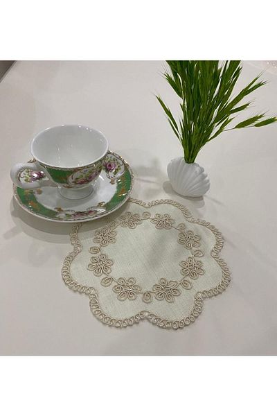 İNCİ ÇEYİZ 6 Pieces Linen Fabric Embroidered Coffee Side Serving Napkin & Coasters