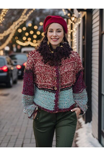 Hippybutik Bordo Nil Yeşili Kırçıllı Kalın Ip Tığ Dokuma Tasarım El Işi Kışlı...