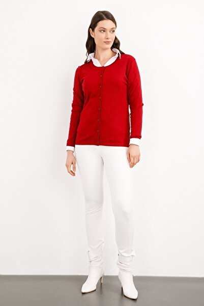 Desen Triko Women's Lycra Basic Long Sleeve Crew Neck Cardigan Dark Red